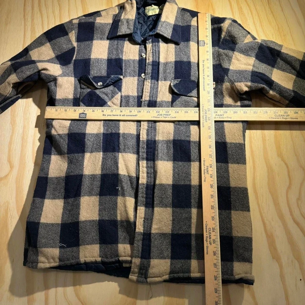 Vintage St Johns Bay Wool Flannel Quilted Shirt Jacket Blue Plaid Large Tall
